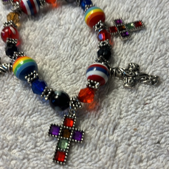 Bundle of 2 beaded bracelets, multicolor cross pendants. Each is 8” stretchy - Picture 5 of 5
